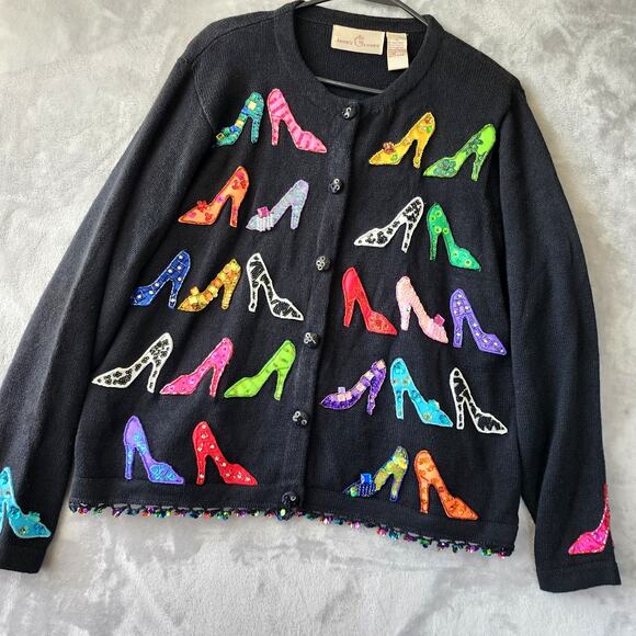 Design Options Sweater Womens XL Cardigan Embroidered Beaded Shoes Janes Closet - Picture 1 of 7